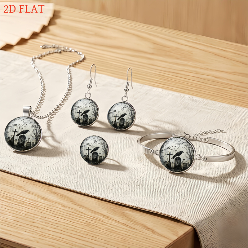 5pcs Gothic Raven & Cemetery Jewelry Set, Halloween Gift